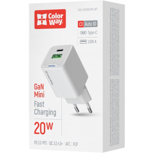 Photo ColorWay GaN Mini USB + USB Type-C 20W (CW-CHS062PD-WT) White