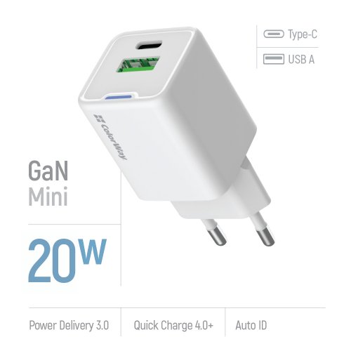 Photo ColorWay GaN Mini USB + USB Type-C 20W (CW-CHS062PD-WT) White