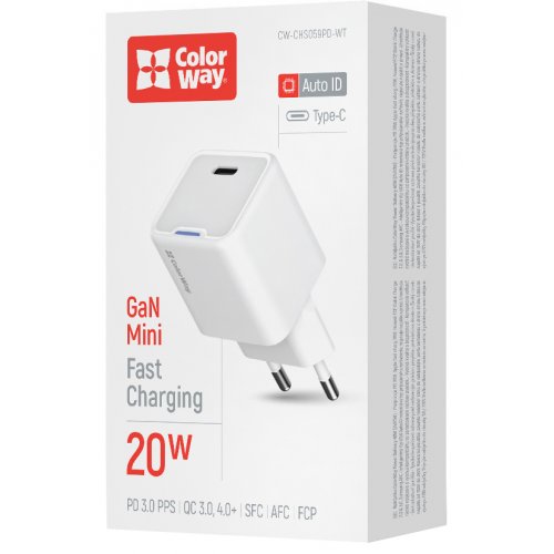 Мережевий зарядний пристрій ColorWay GaN Mini USB Type-C 20W (CW-CHS059PD-WT) White купити в Україні: Київ, Львів, Хмельницький, Тернопіль, Івано-Франківськ | Низька ціна, відгуки, характеристики від TELEMART фото