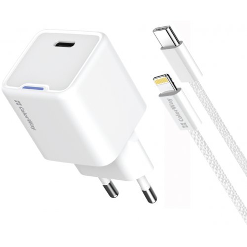Мережевий зарядний пристрій ColorWay GaN Mini USB Type-C 20W + Cable Lightning (CW-CHS059PDL-WT) White купити в Україні: Київ, Львів, Хмельницький, Тернопіль, Івано-Франківськ | Низька ціна, відгуки, характеристики від TELEMART фото
