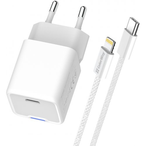 Мережевий зарядний пристрій ColorWay GaN Mini USB Type-C 20W + Cable Lightning (CW-CHS059PDL-WT) White купити в Україні: Київ, Львів, Хмельницький, Тернопіль, Івано-Франківськ | Низька ціна, відгуки, характеристики від TELEMART фото