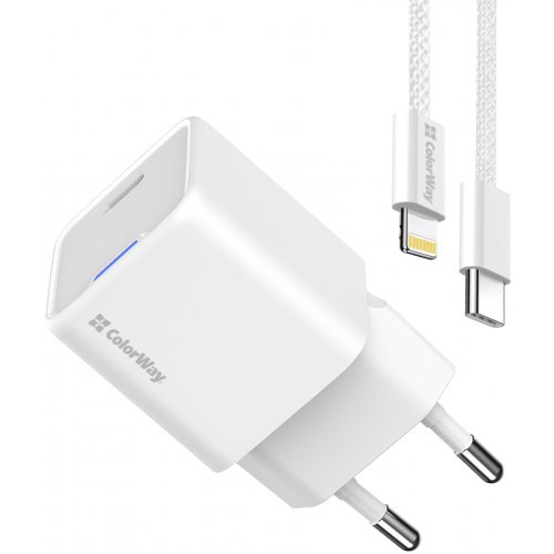 Мережевий зарядний пристрій ColorWay GaN Mini USB Type-C 20W + Cable Lightning (CW-CHS059PDL-WT) White купити в Україні: Київ, Львів, Хмельницький, Тернопіль, Івано-Франківськ | Низька ціна, відгуки, характеристики від TELEMART фото