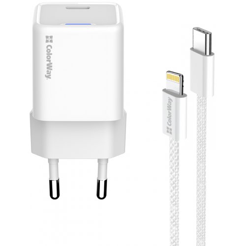Мережевий зарядний пристрій ColorWay GaN Mini USB Type-C 20W + Cable Lightning (CW-CHS059PDL-WT) White купити в Україні: Київ, Львів, Хмельницький, Тернопіль, Івано-Франківськ | Низька ціна, відгуки, характеристики від TELEMART фото