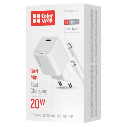 Мережевий зарядний пристрій ColorWay GaN Mini USB Type-C 20W + Cable Lightning (CW-CHS059PDL-WT) White купити в Україні: Київ, Львів, Хмельницький, Тернопіль, Івано-Франківськ | Низька ціна, відгуки, характеристики від TELEMART фото