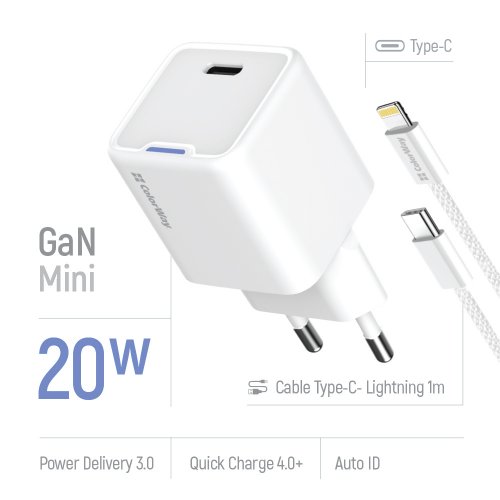 Мережевий зарядний пристрій ColorWay GaN Mini USB Type-C 20W + Cable Lightning (CW-CHS059PDL-WT) White купити в Україні: Київ, Львів, Хмельницький, Тернопіль, Івано-Франківськ | Низька ціна, відгуки, характеристики від TELEMART фото