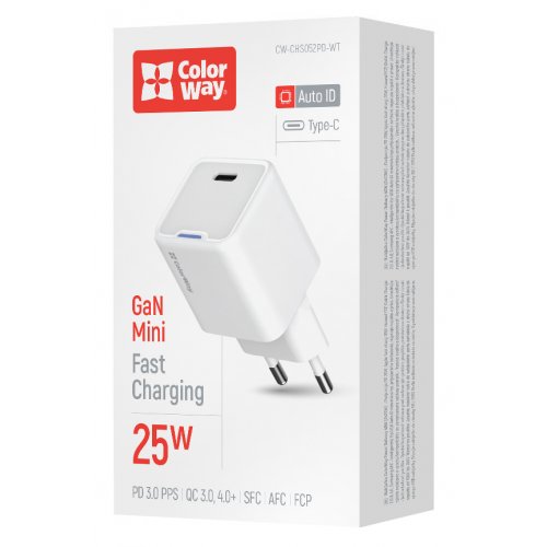 Мережевий зарядний пристрій ColorWay GaN Mini USB Type-C 25W (CW-CHS052PD-WT) White купити в Україні: Київ, Львів, Хмельницький, Тернопіль, Івано-Франківськ | Низька ціна, відгуки, характеристики від TELEMART фото