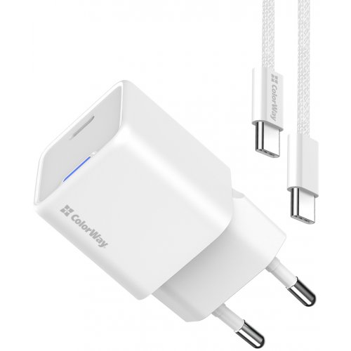 Мережевий зарядний пристрій ColorWay GaN Mini USB Type-C 25W + Cable USB Type-C (CW-CHS052PDC-WT) White купити в Україні: Київ, Львів, Хмельницький, Тернопіль, Івано-Франківськ | Низька ціна, відгуки, характеристики від TELEMART фото