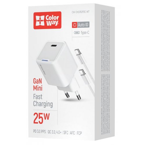 Мережевий зарядний пристрій ColorWay GaN Mini USB Type-C 25W + Cable USB Type-C (CW-CHS052PDC-WT) White купити в Україні: Київ, Львів, Хмельницький, Тернопіль, Івано-Франківськ | Низька ціна, відгуки, характеристики від TELEMART фото