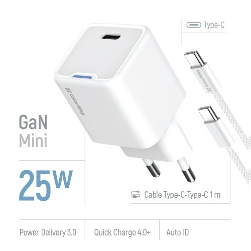 Мережевий зарядний пристрій ColorWay GaN Mini USB Type-C 25W + Cable USB Type-C (CW-CHS052PDC-WT) White купити в Україні: Київ, Львів, Хмельницький, Тернопіль, Івано-Франківськ | Низька ціна, відгуки, характеристики від TELEMART фото