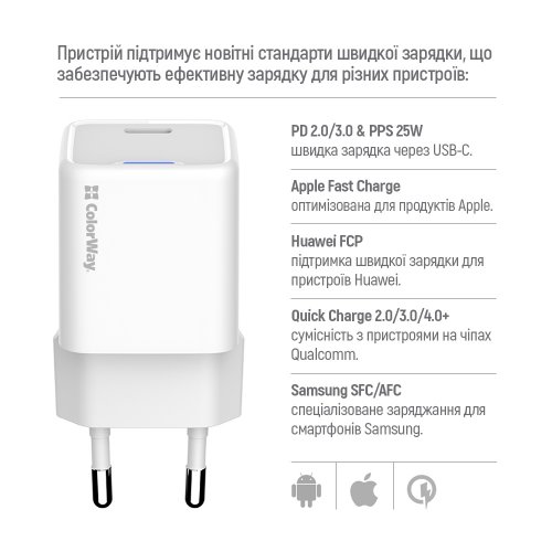 Мережевий зарядний пристрій ColorWay GaN Mini USB Type-C 25W + Cable USB Type-C (CW-CHS052PDC-WT) White купити в Україні: Київ, Львів, Хмельницький, Тернопіль, Івано-Франківськ | Низька ціна, відгуки, характеристики від TELEMART фото