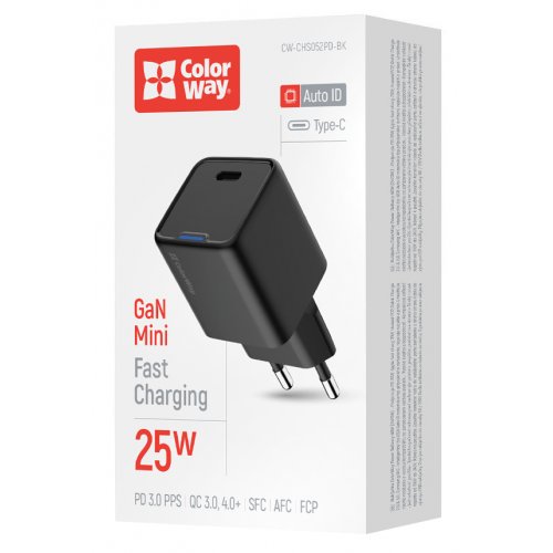 Мережевий зарядний пристрій ColorWay GaN Mini USB Type-C 25W (CW-CHS052PD-BK) Black купити в Україні: Київ, Львів, Хмельницький, Тернопіль, Івано-Франківськ | Низька ціна, відгуки, характеристики від TELEMART фото