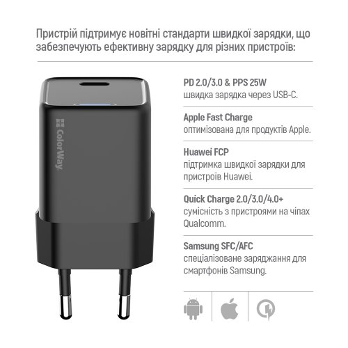 Мережевий зарядний пристрій ColorWay GaN Mini USB Type-C 25W (CW-CHS052PD-BK) Black купити в Україні: Київ, Львів, Хмельницький, Тернопіль, Івано-Франківськ | Низька ціна, відгуки, характеристики від TELEMART фото