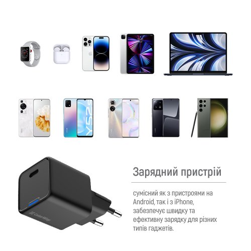 Мережевий зарядний пристрій ColorWay GaN Mini USB Type-C 25W (CW-CHS052PD-BK) Black купити в Україні: Київ, Львів, Хмельницький, Тернопіль, Івано-Франківськ | Низька ціна, відгуки, характеристики від TELEMART фото