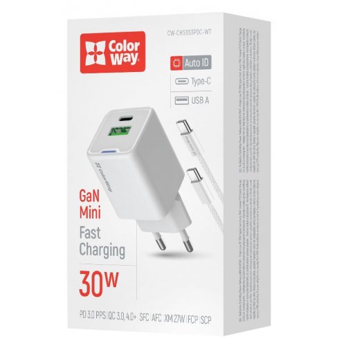 Мережевий зарядний пристрій ColorWay GaN Mini USB + USB Type-C 30W + Cable USB Type-C (CW-CHS053PDC-WT) White купити в Україні: Київ, Львів, Хмельницький, Тернопіль, Івано-Франківськ | Низька ціна, відгуки, характеристики від TELEMART фото