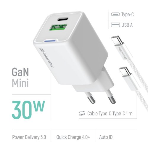 Мережевий зарядний пристрій ColorWay GaN Mini USB + USB Type-C 30W + Cable USB Type-C (CW-CHS053PDC-WT) White купити в Україні: Київ, Львів, Хмельницький, Тернопіль, Івано-Франківськ | Низька ціна, відгуки, характеристики від TELEMART фото