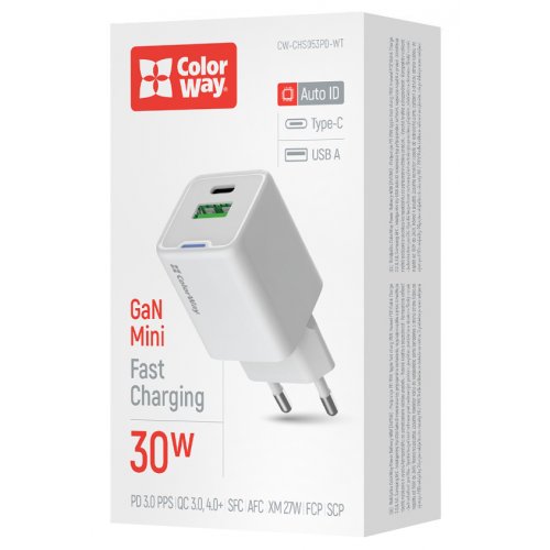 Мережевий зарядний пристрій ColorWay GaN Mini USB + USB Type-C 30W (CW-CHS053PD-WT) White купити в Україні: Київ, Львів, Хмельницький, Тернопіль, Івано-Франківськ | Низька ціна, відгуки, характеристики від TELEMART фото