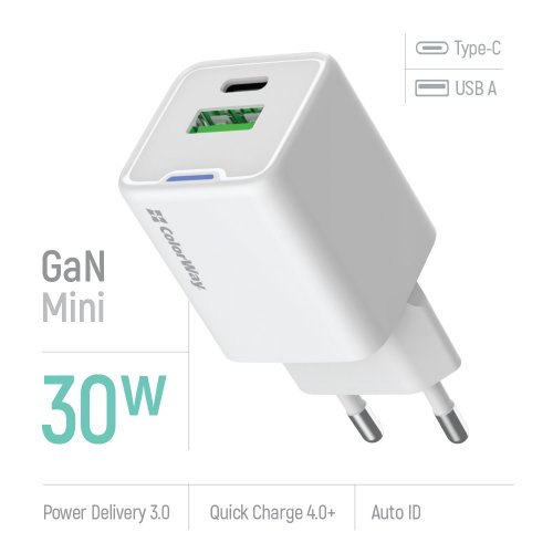 Мережевий зарядний пристрій ColorWay GaN Mini USB + USB Type-C 30W (CW-CHS053PD-WT) White купити в Україні: Київ, Львів, Хмельницький, Тернопіль, Івано-Франківськ | Низька ціна, відгуки, характеристики від TELEMART фото