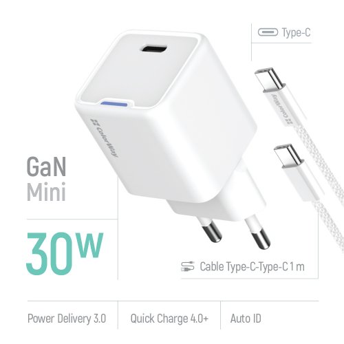 Мережевий зарядний пристрій ColorWay GaN Mini USB Type-C 30W + Cable USB Type-C (CW-CHS054PDC-WT) White купити в Україні: Київ, Львів, Хмельницький, Тернопіль, Івано-Франківськ | Низька ціна, відгуки, характеристики від TELEMART фото
