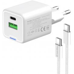 Сетевое зарядное устройство ColorWay GaN Mini USB + USB Type-C 35W + Cable USB Type-C (CW-CHS055PDC-WT) White