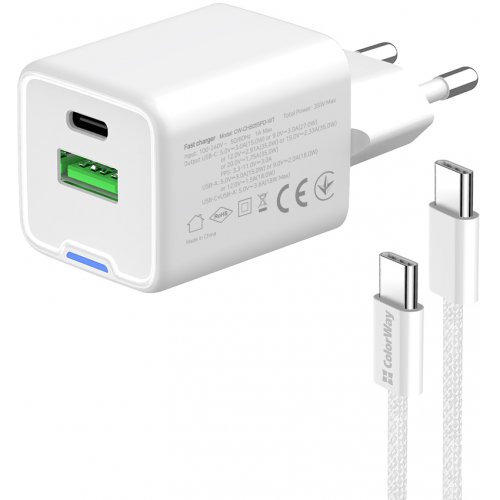 

ColorWay GaN Mini USB + USB Type-C 35W + Cable USB Type-C (CW-CHS055PDC-WT) White