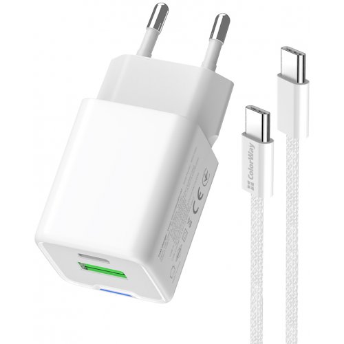 Мережевий зарядний пристрій ColorWay GaN Mini USB + USB Type-C 35W + Cable USB Type-C (CW-CHS055PDC-WT) White купити в Україні: Київ, Львів, Хмельницький, Тернопіль, Івано-Франківськ | Низька ціна, відгуки, характеристики від TELEMART фото