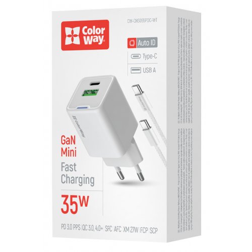 Мережевий зарядний пристрій ColorWay GaN Mini USB + USB Type-C 35W + Cable USB Type-C (CW-CHS055PDC-WT) White купити в Україні: Київ, Львів, Хмельницький, Тернопіль, Івано-Франківськ | Низька ціна, відгуки, характеристики від TELEMART фото