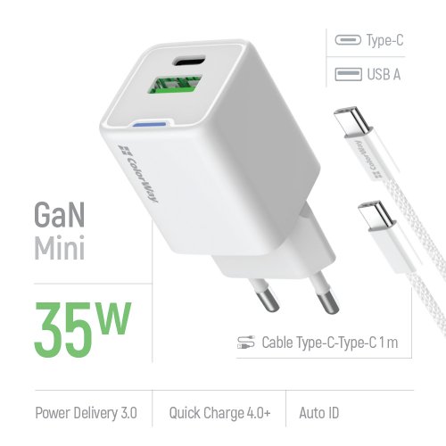 Мережевий зарядний пристрій ColorWay GaN Mini USB + USB Type-C 35W + Cable USB Type-C (CW-CHS055PDC-WT) White купити в Україні: Київ, Львів, Хмельницький, Тернопіль, Івано-Франківськ | Низька ціна, відгуки, характеристики від TELEMART фото