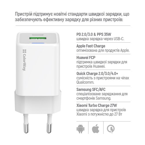 Мережевий зарядний пристрій ColorWay GaN Mini USB + USB Type-C 35W + Cable USB Type-C (CW-CHS055PDC-WT) White купити в Україні: Київ, Львів, Хмельницький, Тернопіль, Івано-Франківськ | Низька ціна, відгуки, характеристики від TELEMART фото