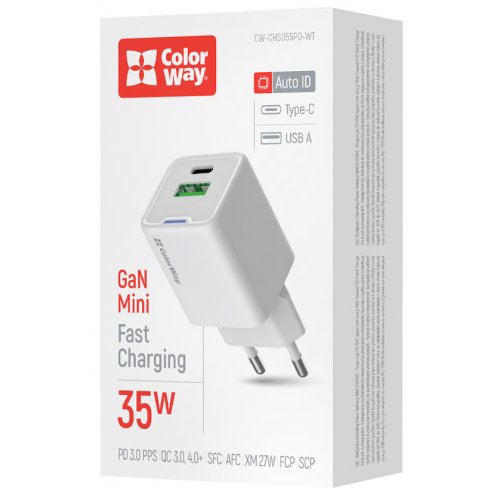 Мережевий зарядний пристрій ColorWay GaN Mini USB + USB Type-C 35W (CW-CHS055PD-WT) White купити в Україні: Київ, Львів, Хмельницький, Тернопіль, Івано-Франківськ | Низька ціна, відгуки, характеристики від TELEMART фото