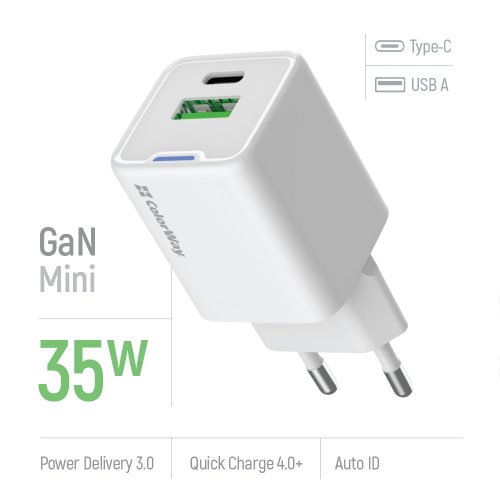 Мережевий зарядний пристрій ColorWay GaN Mini USB + USB Type-C 35W (CW-CHS055PD-WT) White купити в Україні: Київ, Львів, Хмельницький, Тернопіль, Івано-Франківськ | Низька ціна, відгуки, характеристики від TELEMART фото