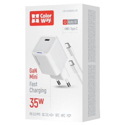 Мережевий зарядний пристрій ColorWay GaN Mini USB Type-C 35W + Cable USB Type-C (CW-CHS056PDC-WT) White купити в Україні: Київ, Львів, Хмельницький, Тернопіль, Івано-Франківськ | Низька ціна, відгуки, характеристики від TELEMART фото