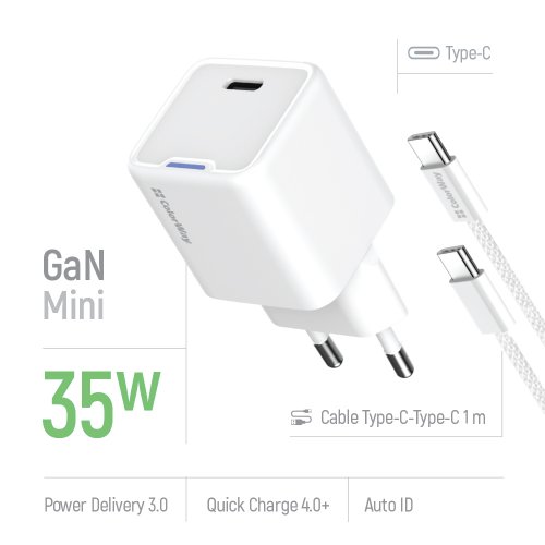 Мережевий зарядний пристрій ColorWay GaN Mini USB Type-C 35W + Cable USB Type-C (CW-CHS056PDC-WT) White купити в Україні: Київ, Львів, Хмельницький, Тернопіль, Івано-Франківськ | Низька ціна, відгуки, характеристики від TELEMART фото