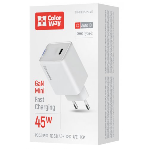Мережевий зарядний пристрій ColorWay GaN Mini USB Type-C 45W (CW-CHS057PD-WT) White купити в Україні: Київ, Львів, Хмельницький, Тернопіль, Івано-Франківськ | Низька ціна, відгуки, характеристики від TELEMART фото