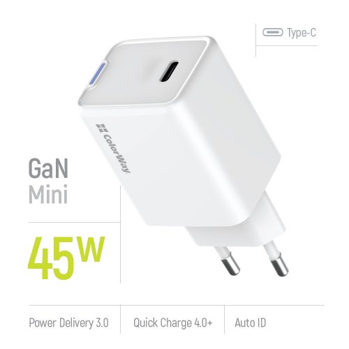 Мережевий зарядний пристрій ColorWay GaN Mini USB Type-C 45W (CW-CHS057PD-WT) White купити в Україні: Київ, Львів, Хмельницький, Тернопіль, Івано-Франківськ | Низька ціна, відгуки, характеристики від TELEMART фото