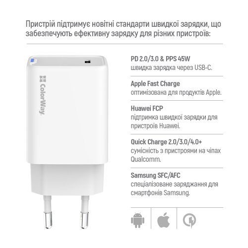 Мережевий зарядний пристрій ColorWay GaN Mini USB Type-C 45W (CW-CHS057PD-WT) White купити в Україні: Київ, Львів, Хмельницький, Тернопіль, Івано-Франківськ | Низька ціна, відгуки, характеристики від TELEMART фото