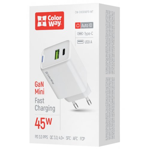 Мережевий зарядний пристрій ColorWay GaN Mini USB + USB Type-C 45W (CW-CHS060PD-WT) White купити в Україні: Київ, Львів, Хмельницький, Тернопіль, Івано-Франківськ | Низька ціна, відгуки, характеристики від TELEMART фото
