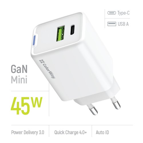 Мережевий зарядний пристрій ColorWay GaN Mini USB + USB Type-C 45W (CW-CHS060PD-WT) White купити в Україні: Київ, Львів, Хмельницький, Тернопіль, Івано-Франківськ | Низька ціна, відгуки, характеристики від TELEMART фото