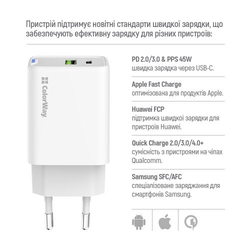 Мережевий зарядний пристрій ColorWay GaN Mini USB + USB Type-C 45W (CW-CHS060PD-WT) White купити в Україні: Київ, Львів, Хмельницький, Тернопіль, Івано-Франківськ | Низька ціна, відгуки, характеристики від TELEMART фото
