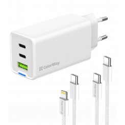Сетевое зарядное устройство ColorWay GaN Mini USB + 2 x USB Type-C 65W + Cable USB Type-C & Lightning (CW-CHS058PDCL-WT) White