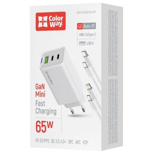 Мережевий зарядний пристрій ColorWay GaN Mini USB + 2 x USB Type-C 65W + Cable USB Type-C & Lightning (CW-CHS058PDCL-WT) White купити в Україні: Київ, Львів, Хмельницький, Тернопіль, Івано-Франківськ | Низька ціна, відгуки, характеристики від TELEMART фото