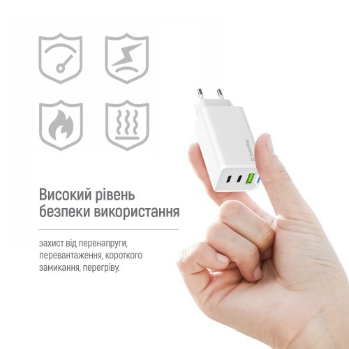 Мережевий зарядний пристрій ColorWay GaN Mini USB + 2 x USB Type-C 65W + Cable USB Type-C & Lightning (CW-CHS058PDCL-WT) White купити в Україні: Київ, Львів, Хмельницький, Тернопіль, Івано-Франківськ | Низька ціна, відгуки, характеристики від TELEMART фото