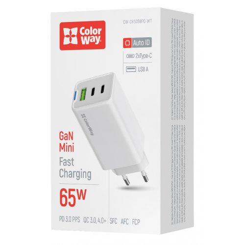 Мережевий зарядний пристрій ColorWay GaN Mini USB + 2 x USB Type-C 65W (CW-CHS058PD-WT) White купити в Україні: Київ, Львів, Хмельницький, Тернопіль, Івано-Франківськ | Низька ціна, відгуки, характеристики від TELEMART фото