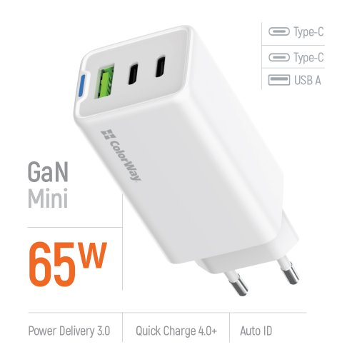 Мережевий зарядний пристрій ColorWay GaN Mini USB + 2 x USB Type-C 65W (CW-CHS058PD-WT) White купити в Україні: Київ, Львів, Хмельницький, Тернопіль, Івано-Франківськ | Низька ціна, відгуки, характеристики від TELEMART фото