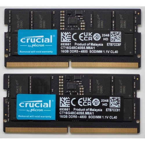 Озп Crucial SODIMM DDR5 32GB (2x16GB) 4800MHz (CT2K16G48C40S5) (Відновлено продавцем, 842814) купити в Україні: Київ, Львів, Хмельницький, Тернопіль, Івано-Франківськ | Перевірка сумісності, низька ціна, відгуки, характеристики від TELEMART фото