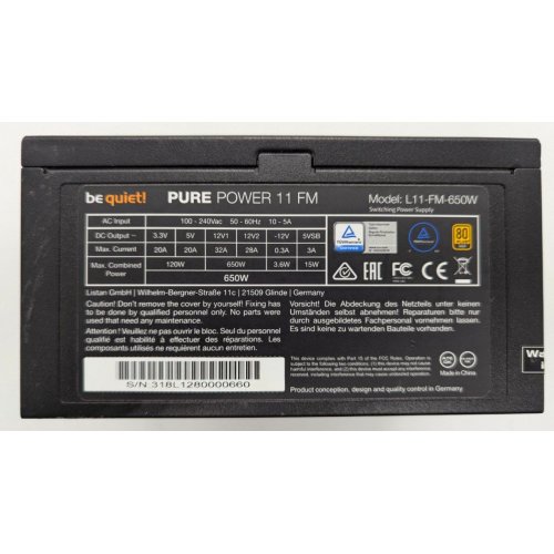 Блок живлення Be Quiet! Pure Power 11 FM 650W (BN318) (Відновлено продавцем, 843735) купити в Україні: Київ, Львів, Хмельницький, Тернопіль, Івано-Франківськ | Перевірка сумісності, низька ціна, відгуки, характеристики від TELEMART фото