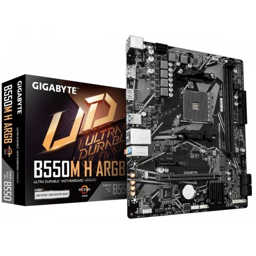 Материнська плата Gigabyte B550M H ARGB (sAM4, AMD B550) купити в Україні: Київ, Львів, Хмельницький, Тернопіль, Івано-Франківськ | Перевірка сумісності, низька ціна, відгуки, характеристики від TELEMART фото