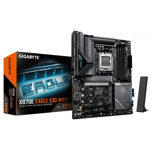 Материнська плата Gigabyte X870E EAGLE X3D WIFI7 (sAM5, AMD X870E) купити в Україні: Київ, Львів, Хмельницький, Тернопіль, Івано-Франківськ | Перевірка сумісності, низька ціна, відгуки, характеристики від TELEMART фото