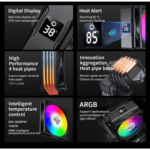 Кулер GAMEMAX Sigma 520 Digital Black купити в Україні: Київ, Львів, Хмельницький, Тернопіль, Івано-Франківськ | Перевірка сумісності, низька ціна, відгуки, характеристики від TELEMART фото