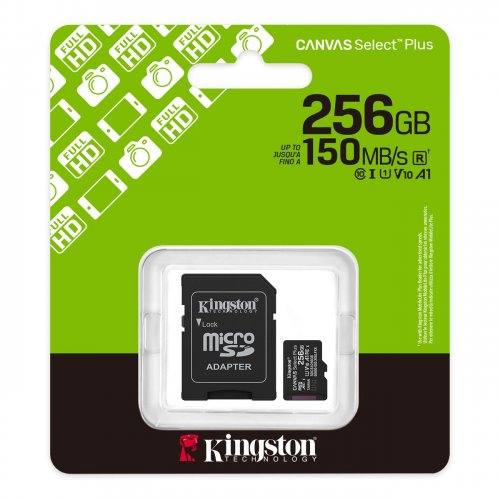 Карта памяти Kingston microSDXC Canvas Select Plus G3 256GB Class 10 UHS-I U1 A1 V10 (с адаптером) (SDCS3/256GB) купить в Украине: Киев, Днепр, Харьков, Одесса  | Низкая цена, отзывы, характеристики от TELEMART фото