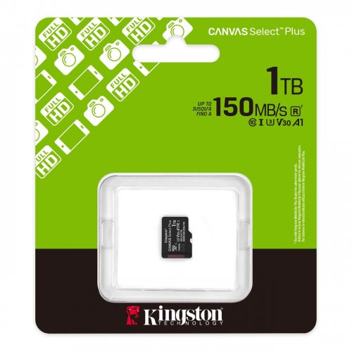 Карта памяти Kingston microSDXC Canvas Select Plus G3 1TB Class 10 UHS-I U3 A1 V30 (SDCS3/1TBSP) купить в Украине: Киев, Днепр, Харьков, Одесса  | Низкая цена, отзывы, характеристики от TELEMART фото